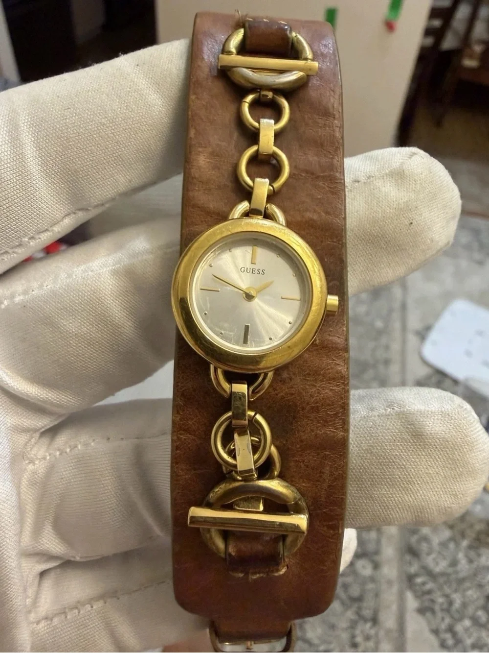 Vintage GUESS Women's Gold Tone Chain Link Leather Cuff Watch